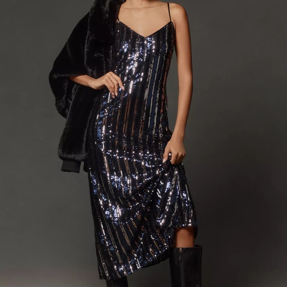 Anthropologie Maeve Sleeveless Sequin Stripe Midi Dress M NWT $178 Navy